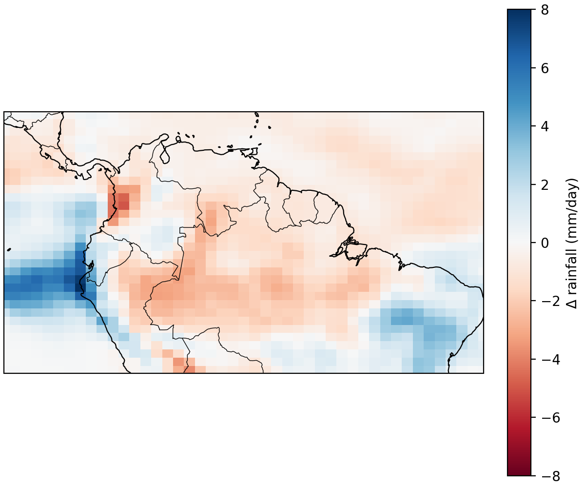 Seasonal difference map for the South American Monsoon: 2100s minus 1990s