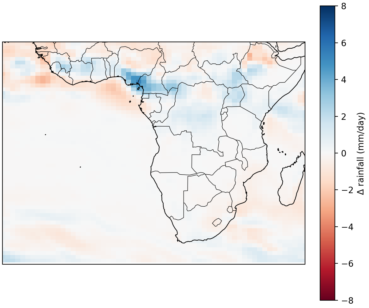 Seasonal difference map for the West African Monsoon: 2100s minus 1990s